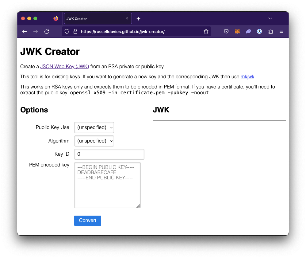 JWK Creator tool by Russel Davies showing key id of 0